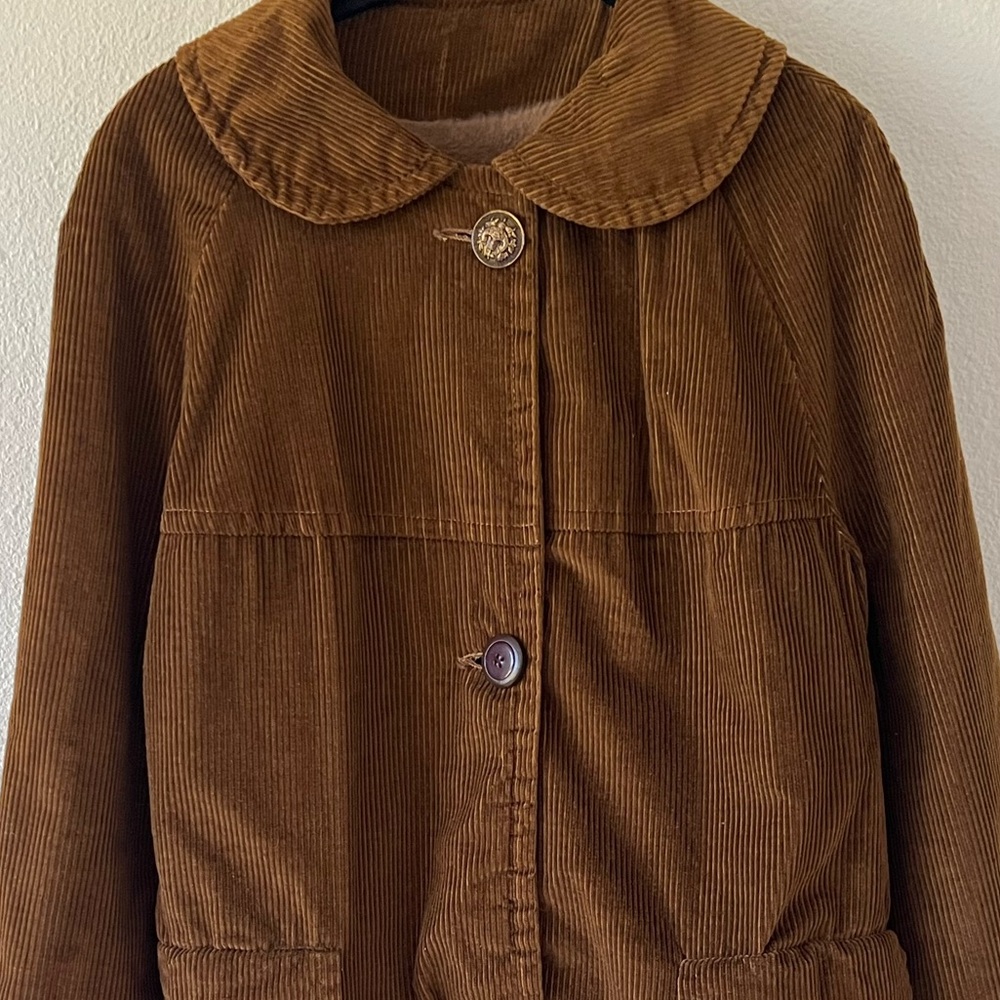 Vintage Camel Brown Corduroy Coat Peter Pan Collar Bracelet Sleeves - Picture 5 of 15